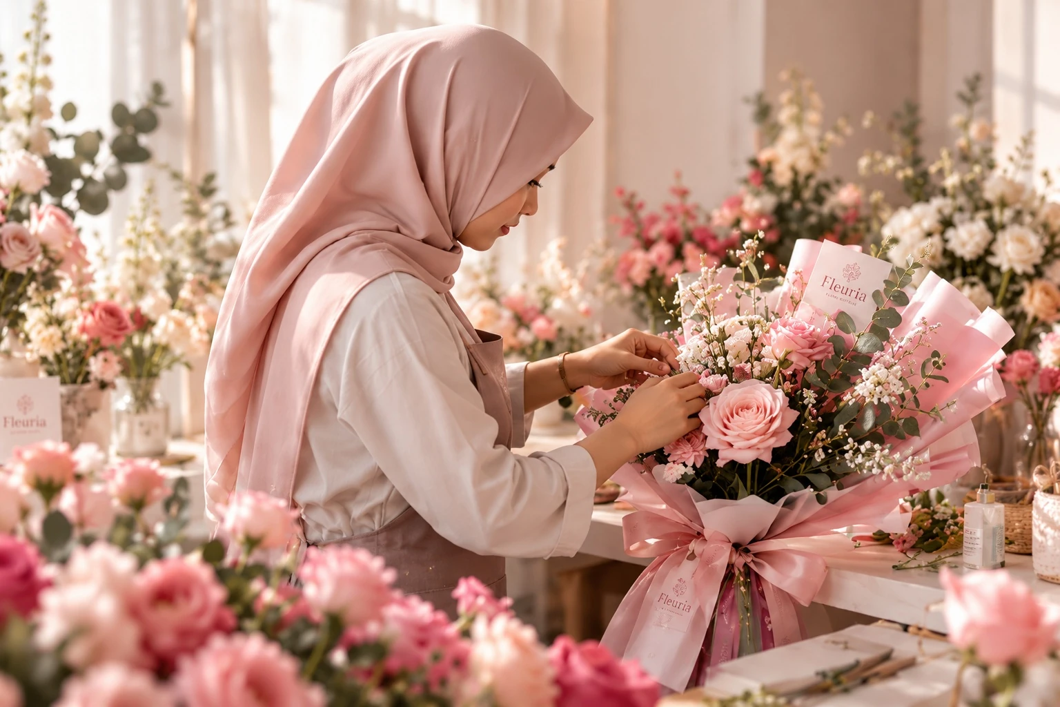 Florist Fleuria sedang merangkai buket bunga dengan penuh ketulusan